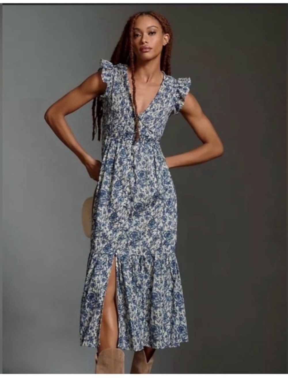 Anthropologie Peregrine Midi Dress Blue Floral Smocked